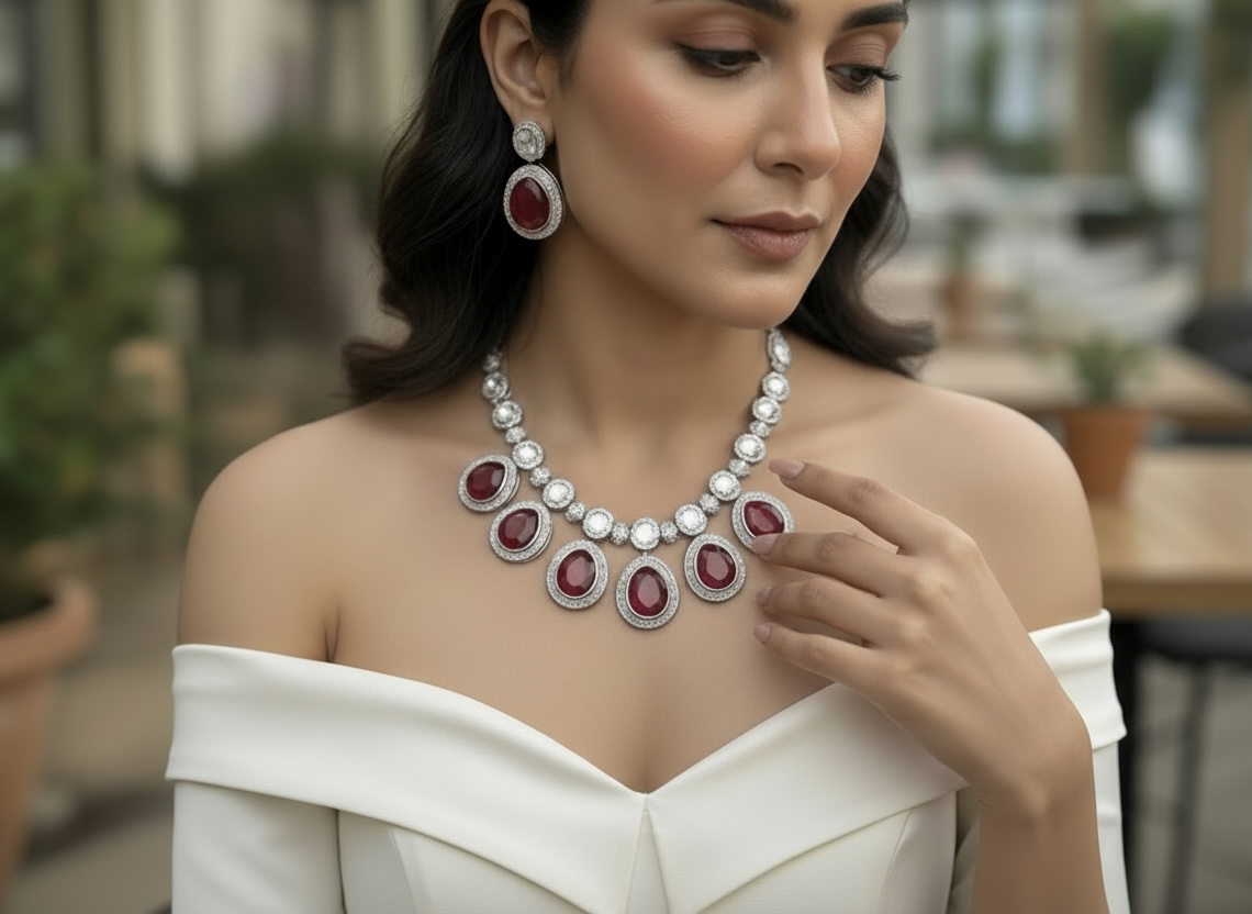 Ruby Teardrop Necklace Set with CZ Halo & Matching Earrings
