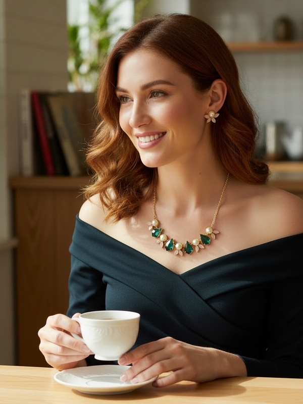 Emerald Teardrop Necklace with Pearl & Floral Accents