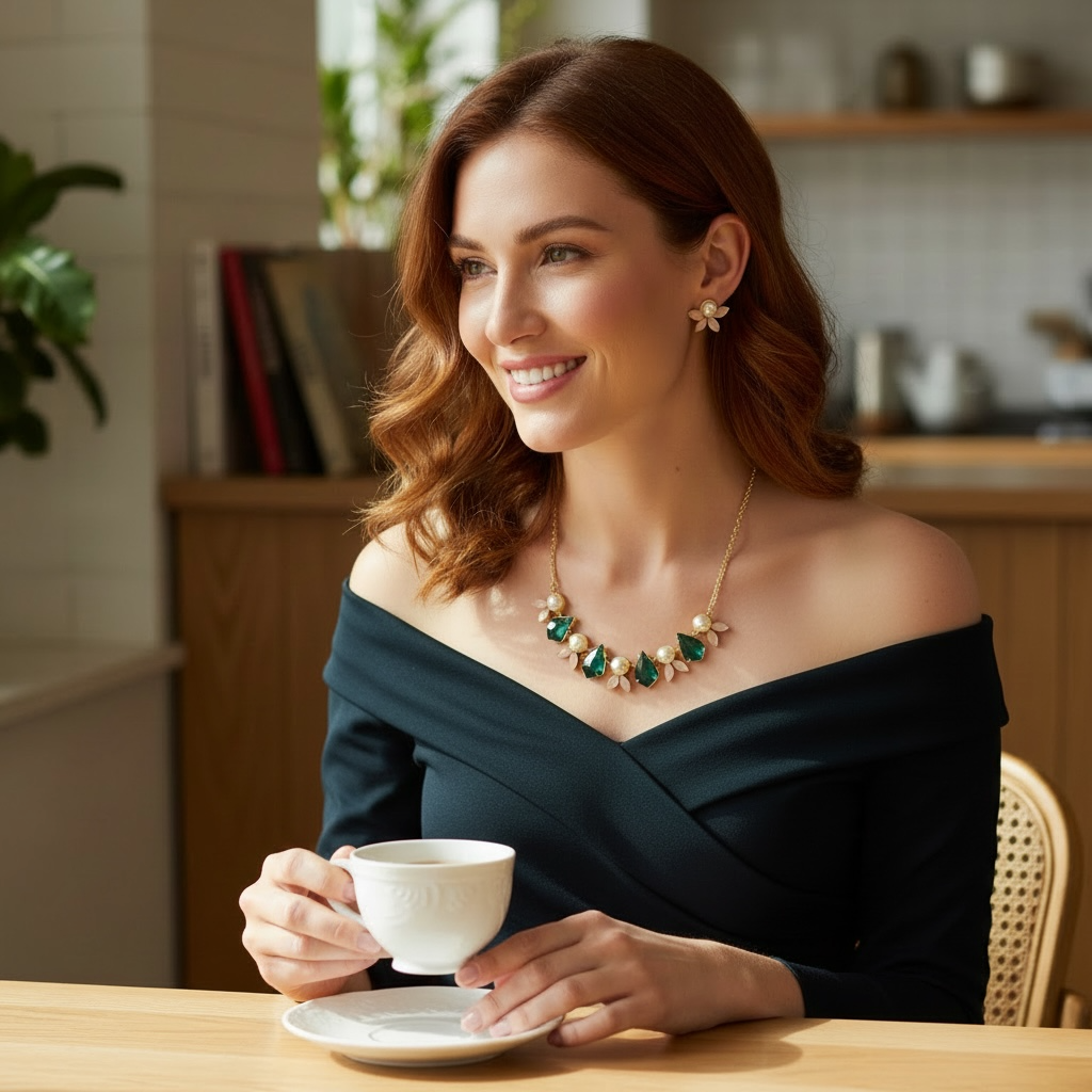 Emerald Teardrop Necklace with Pearl & Floral Accents