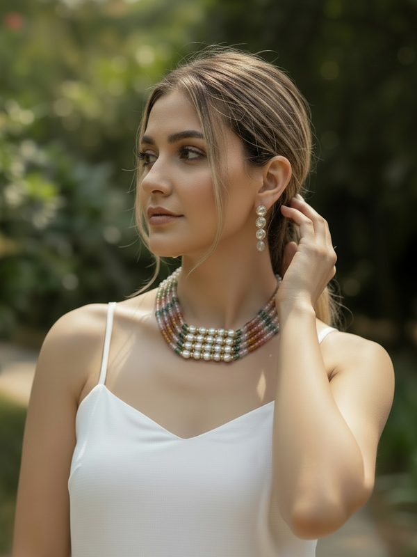Pearl Multilayer Choker Set with Multicolor Beads & Drop Earrings