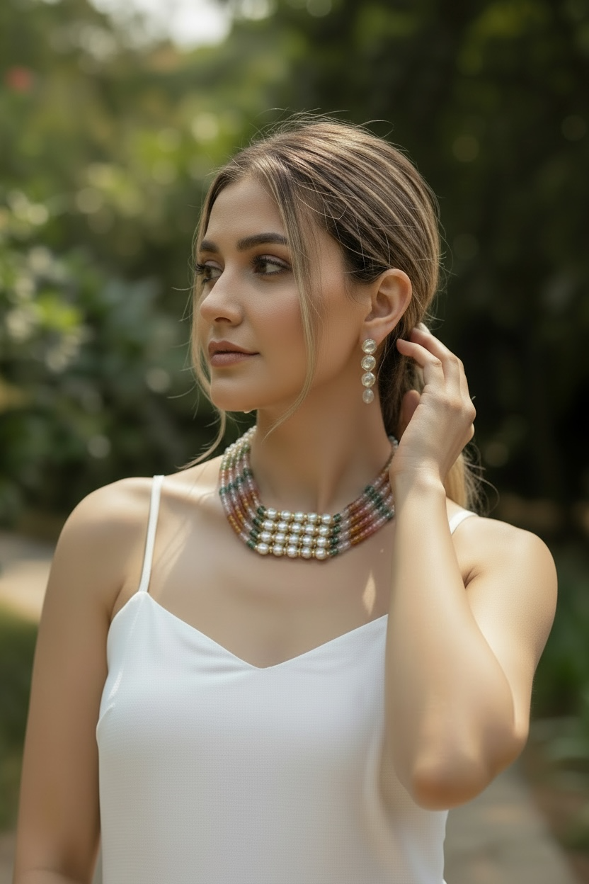 Pearl Multilayer Choker Set with Multicolor Beads & Drop Earrings