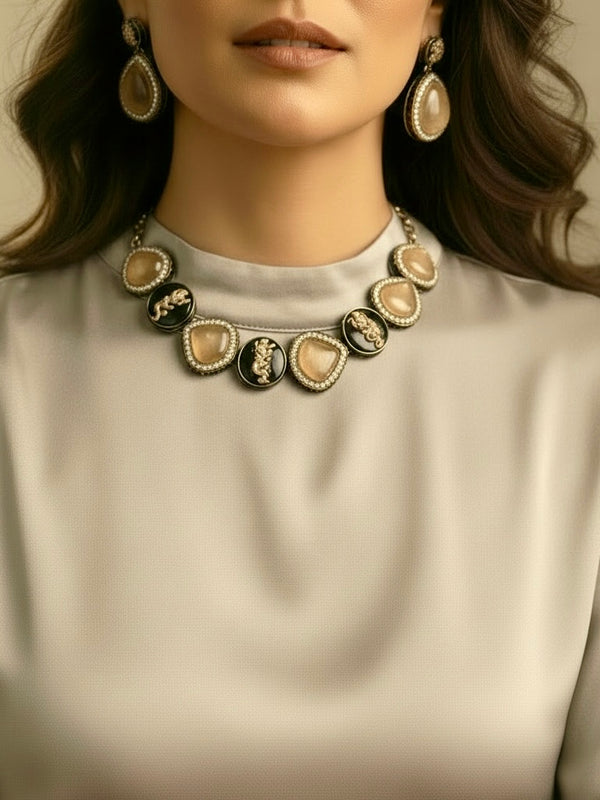 Elephant Motif Statement Necklace with Blush Stones & Crystal Detail