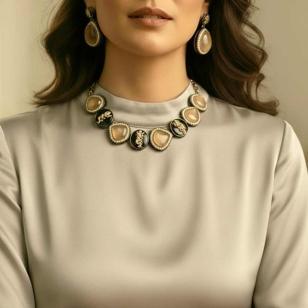 Elephant Motif Statement Necklace with Blush Stones & Crystal Detail