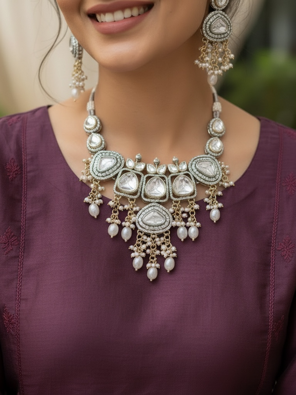 CZ Studded Kundan Choker Necklace Set with Pearl Drop Earrings