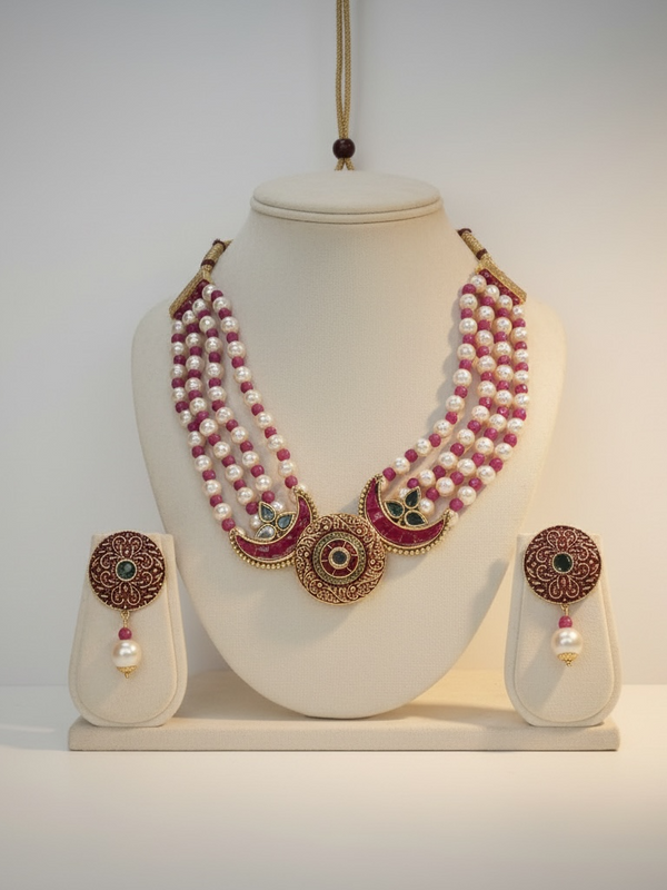 Multilayer Pearl & Ruby Bead Necklace Set with Kundan Center