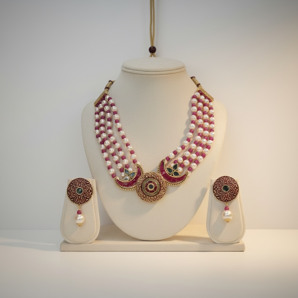 Multilayer Pearl & Ruby Bead Necklace Set with Kundan Center