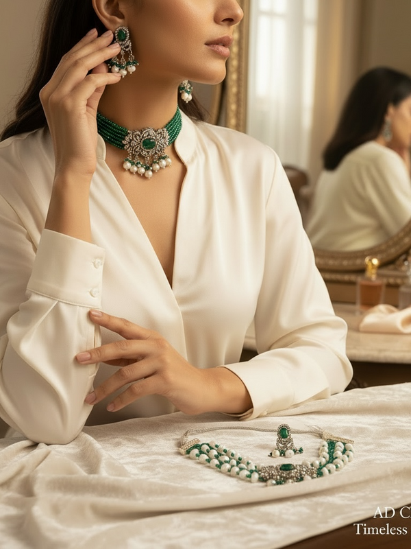 Green Beaded Choker Set with CZ Floral Center & Pearl Drops