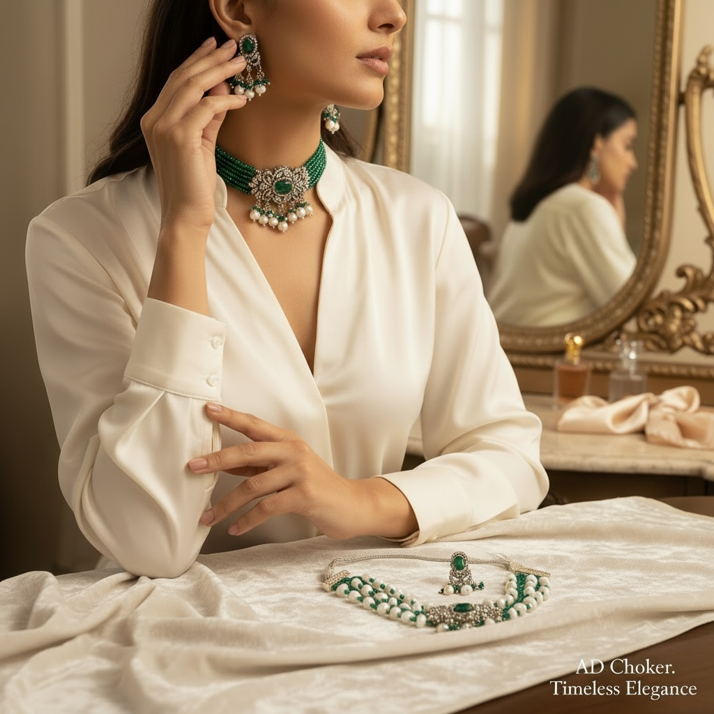 Green Beaded Choker Set with CZ Floral Center & Pearl Drops