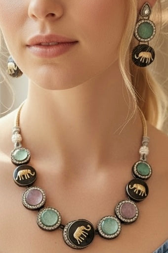 Elephant Motif Statement Necklace Set with Multicolor Stones & Earrings