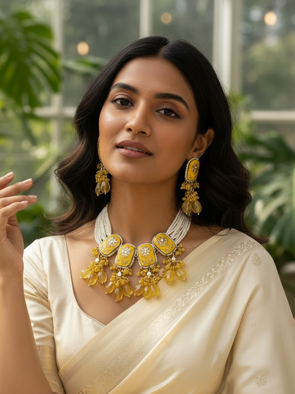 Yellow Stone Choker Set with Pearl Strands & Beaded Drops