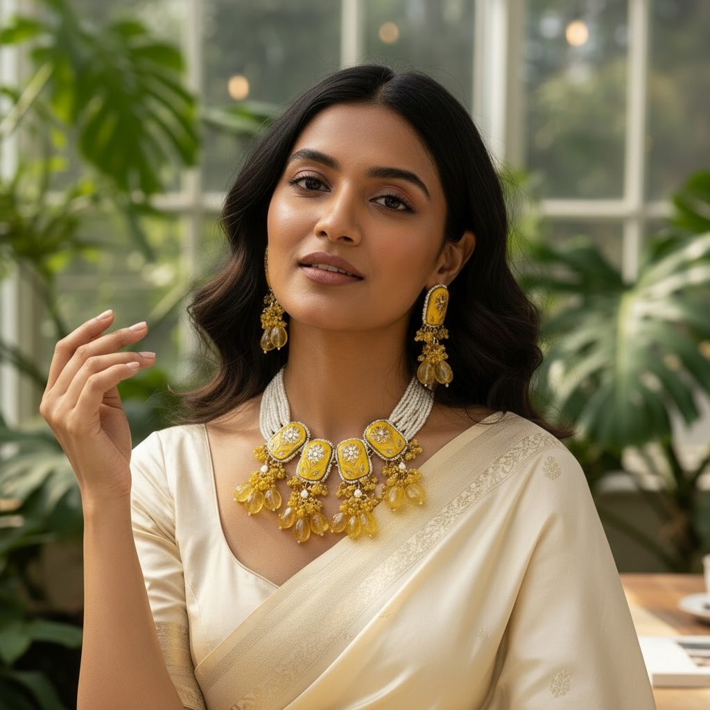 Yellow Stone Choker Set with Pearl Strands & Beaded Drops