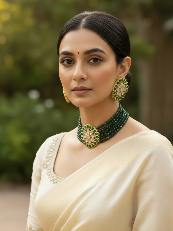 Green Beaded Choker Set with Floral Kundan Center & Earrings