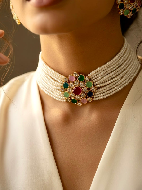 Multilayer Pearl Choker with Multicolor Kundan Floral Center
