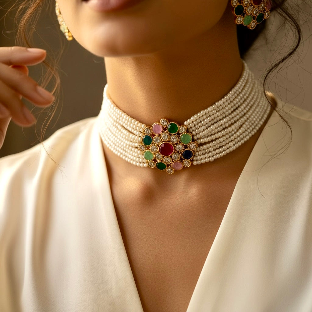 Multilayer Pearl Choker with Multicolor Kundan Floral Center