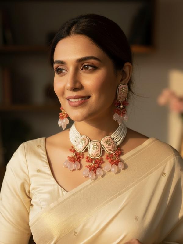 Blush Pink Stone Choker Set with Pearl Strands & Beaded Drops