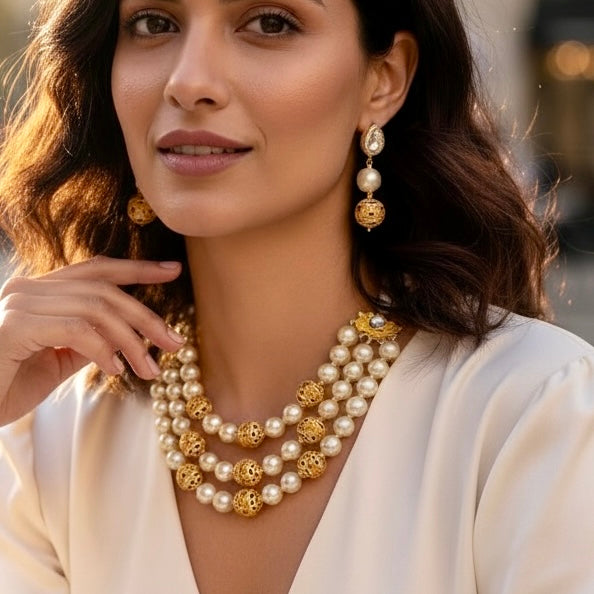 Multilayer Pearl Necklace Set with Gold Filigree Beads