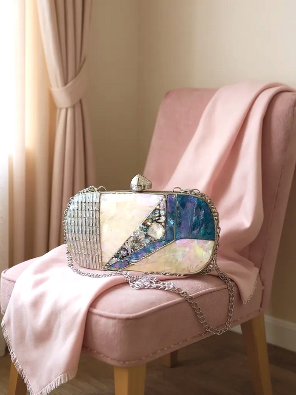 Iridescent Shell Box Clutch with Silver Detailing | Luxury Evening Bag