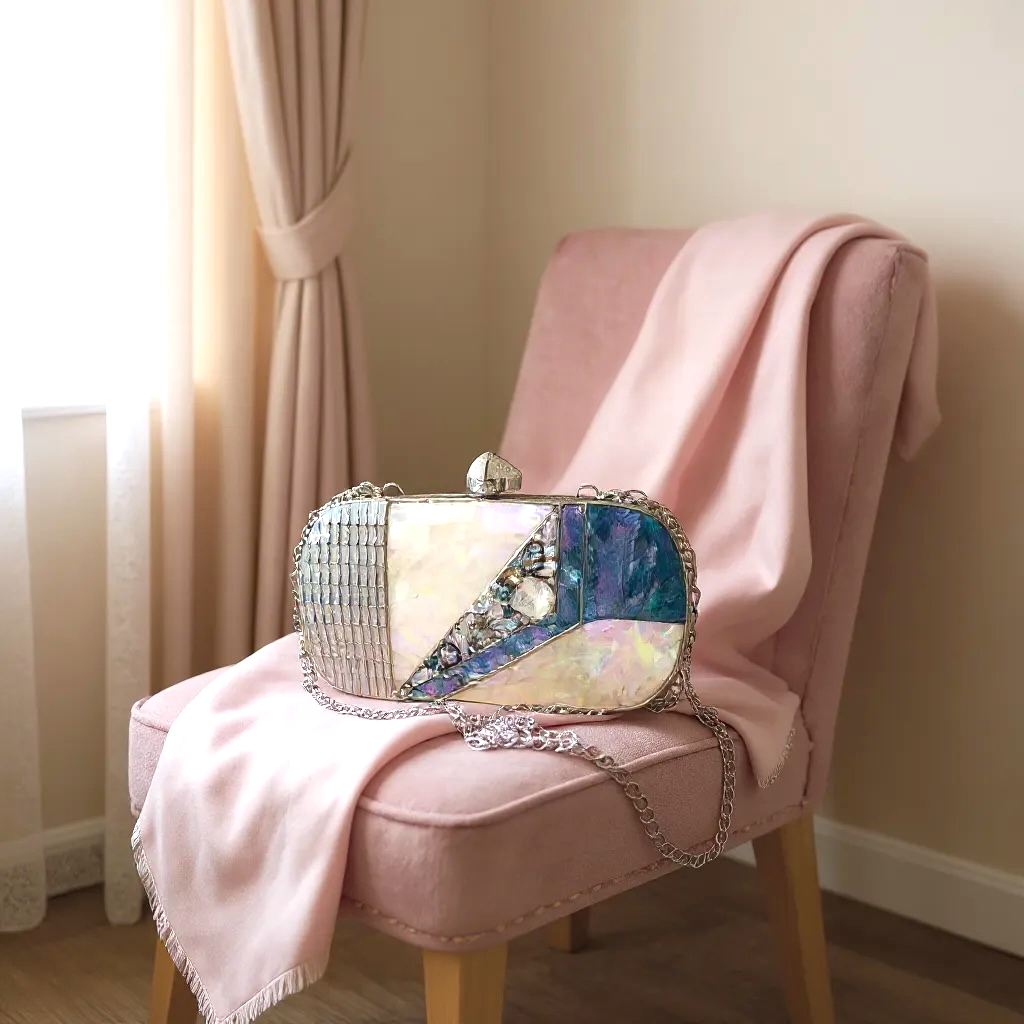 Iridescent Shell Box Clutch with Silver Detailing | Luxury Evening Bag