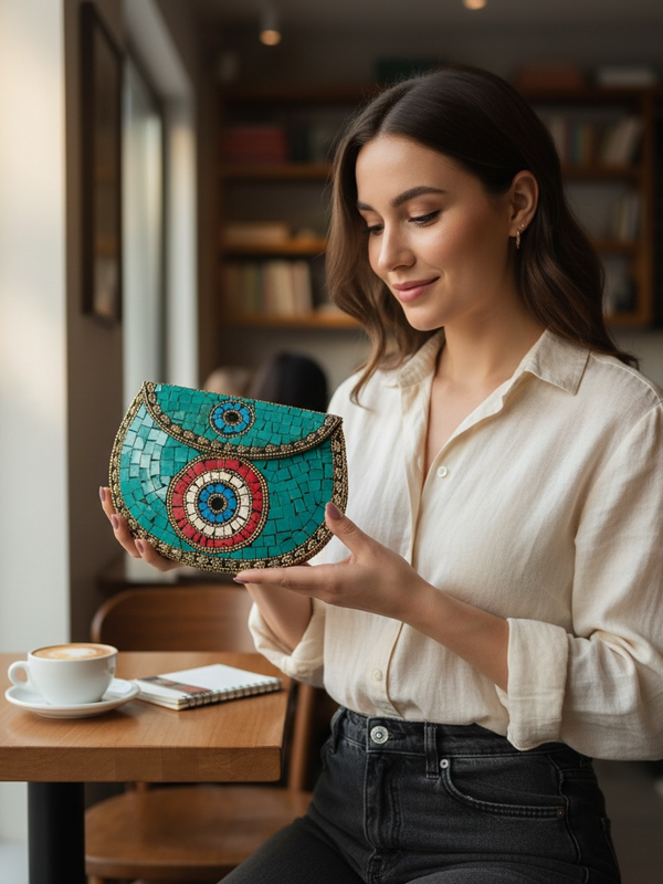 Turquoise Mosaic Clutch with Evil Eye Motif & Gold Detailing | Statement Evening Bag