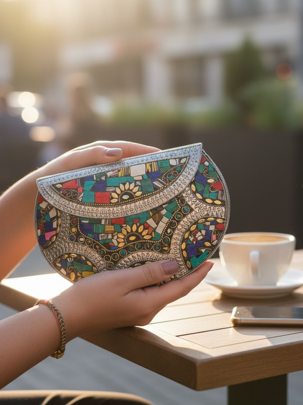 Multicolor Mosaic Statement Clutch with Silver Embellished Detailing | Evening Bag