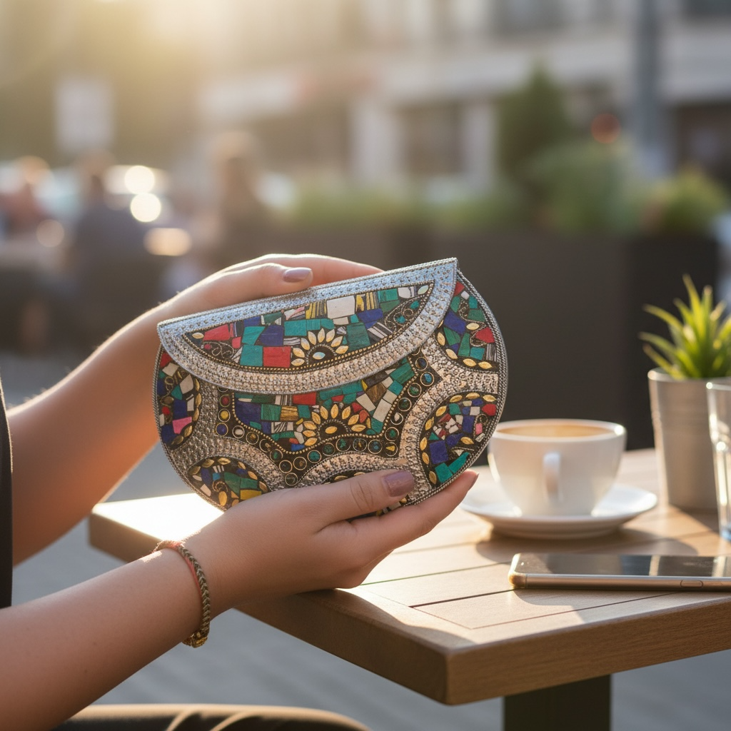 Multicolor Mosaic Statement Clutch with Silver Embellished Detailing | Evening Bag