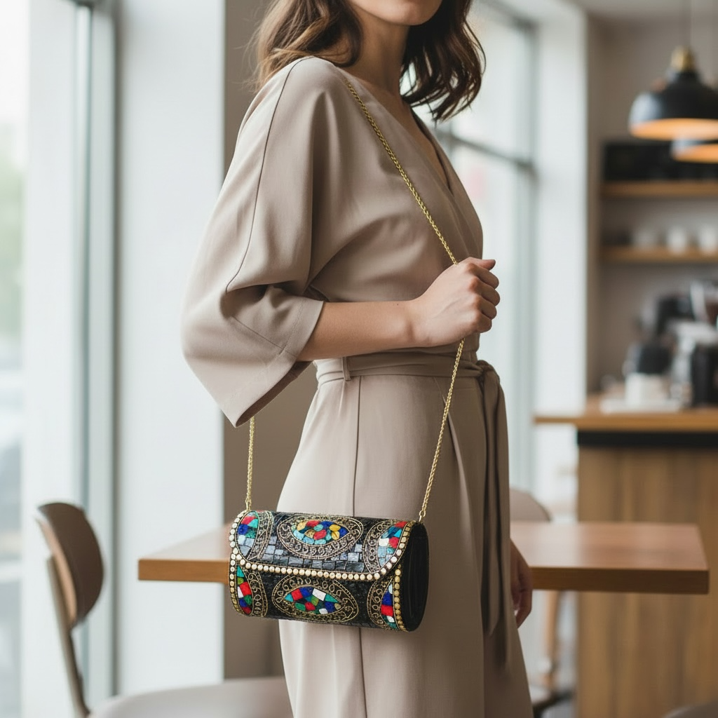 Black & multi color Mosaic Stone Clutch with Gold Detailing | Statement Evening Bag
