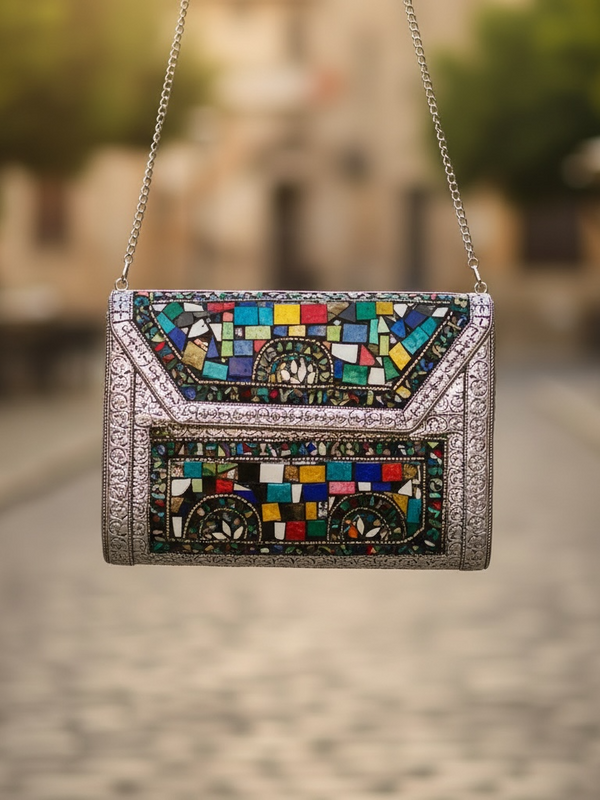 Multicolor Mosaic Clutch with Intricate Silver Detailing | Statement Evening Bag