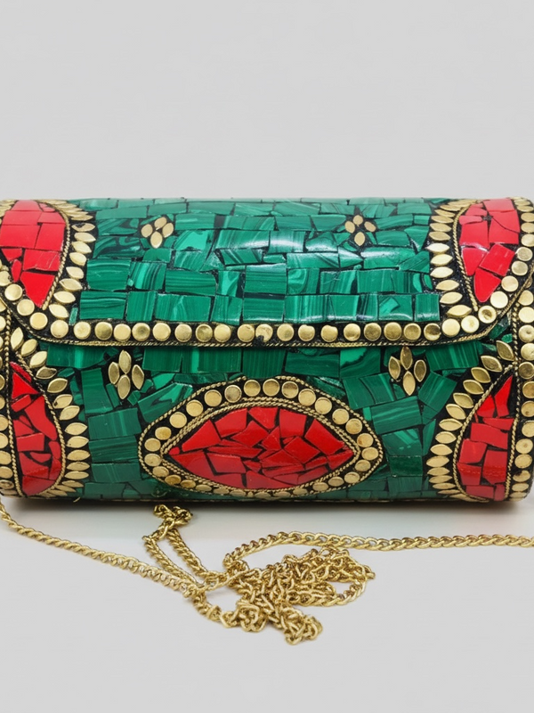 Green & Red Mosaic Stone Clutch with Gold Detailing | Statement Evening Bag