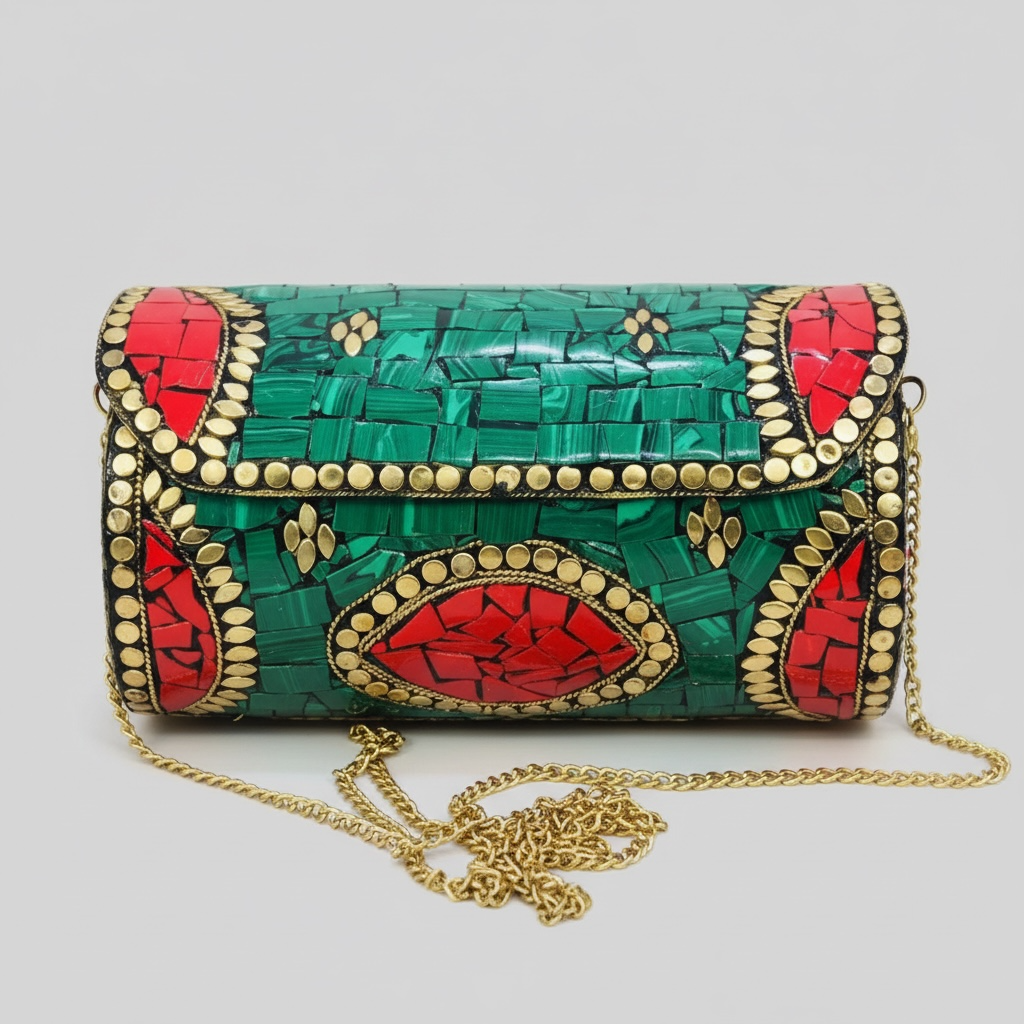 Green & Red Mosaic Stone Clutch with Gold Detailing | Statement Evening Bag