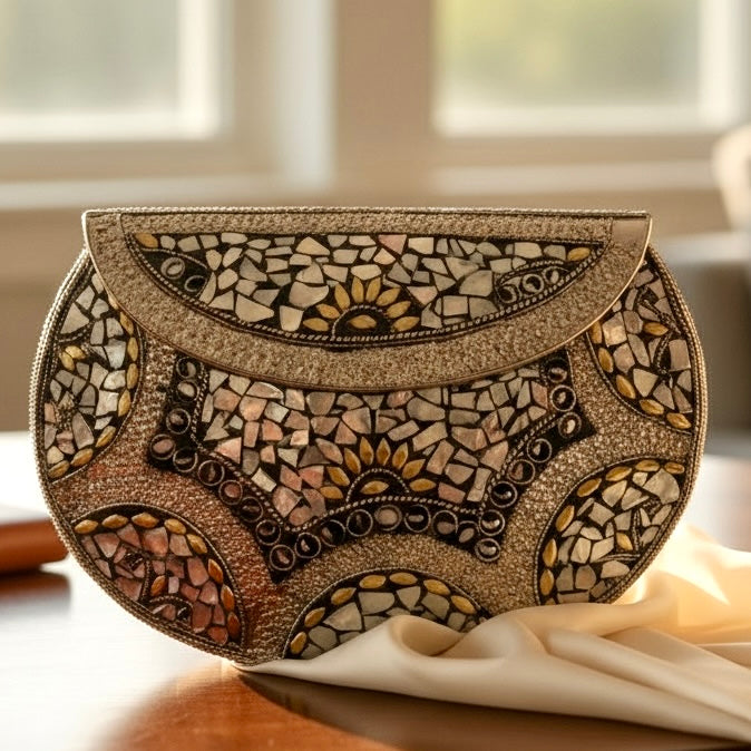 Vintage Mosaic Pattern Clutch with Stone Inlay Design | Statement Evening Bag