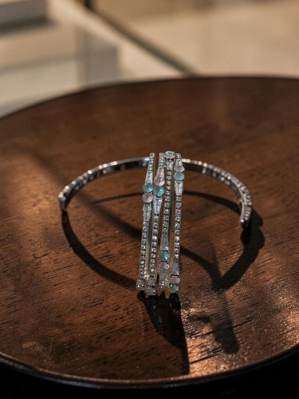 Multi-Line Crystal & Pastel Stone Cuff Bracelet | Elegant Silver Statement Open Bangle