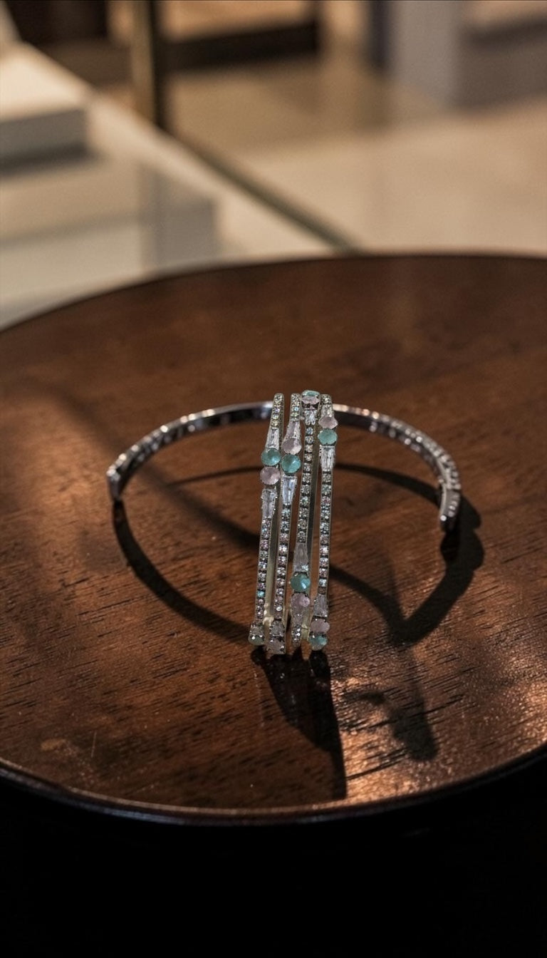 Multi-Line Crystal & Pastel Stone Cuff Bracelet | Elegant Silver Statement Open Bangle