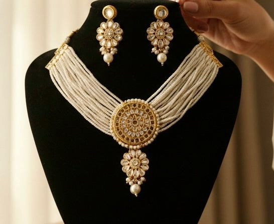 Multi-Strand Pearl Choker Necklace Set with Floral Polki Pendant & Matching Earrings | Bridal Statement Jewelry
