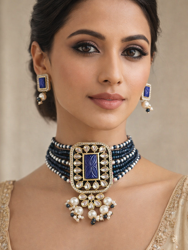 Midnight Blue Beaded Choker Necklace Set with Polki Frame Pendant & Pearl Drops | Statement Fusion Jewelry