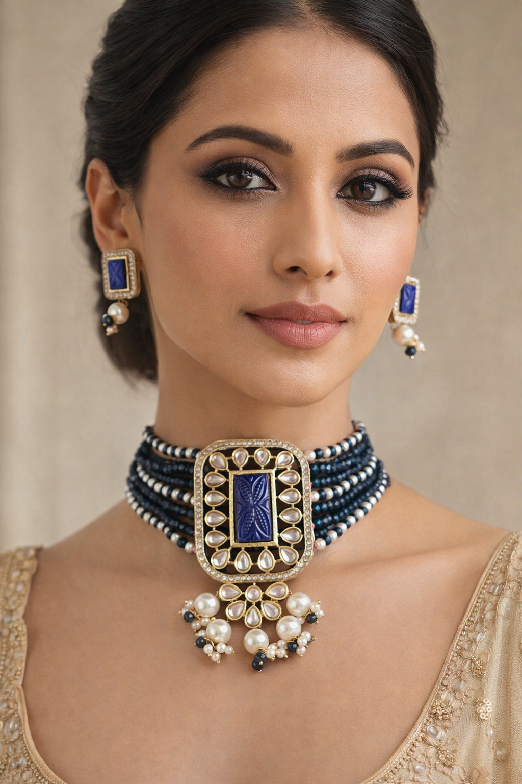 Midnight Blue Beaded Choker Necklace Set with Polki Frame Pendant & Pearl Drops | Statement Fusion Jewelry