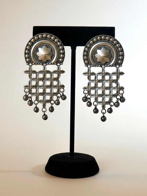 Oxidized Silver Floral Grid Earrings with Dangling Beads | Boho Statement Jewelry