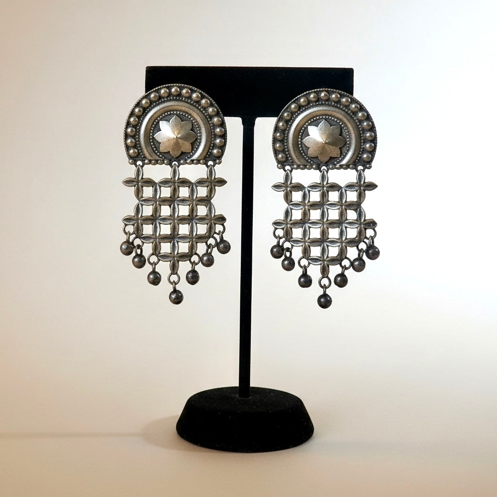 Oxidized Silver Floral Grid Earrings with Dangling Beads | Boho Statement Jewelry