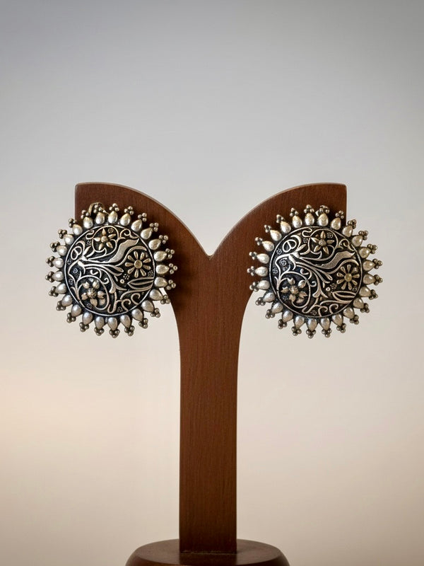 Oxidized Silver Floral Statement Stud Earrings with Pearl Detailing | Ethnic Jewelry