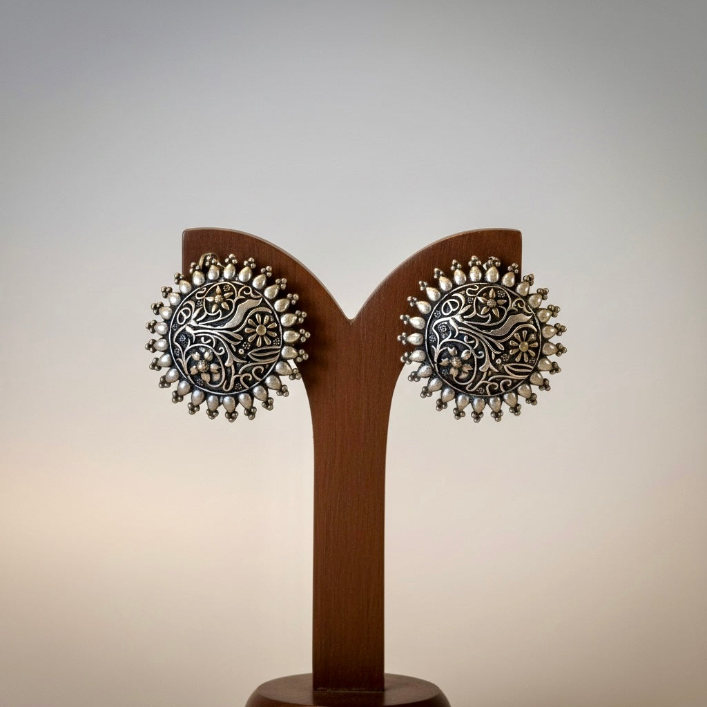 Oxidized Silver Floral Statement Stud Earrings with Pearl Detailing | Ethnic Jewelry