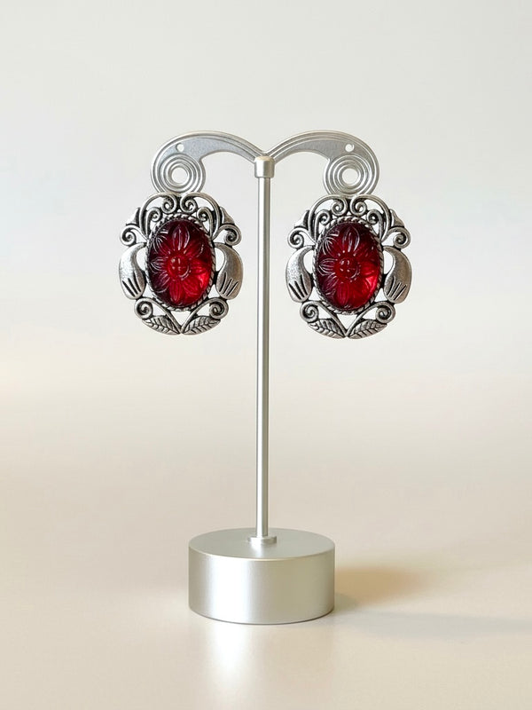 Oxidized Silver Red Stone Statement Earrings | Vintage Floral Drop Jewelry