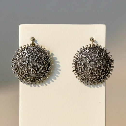 Oxidized Silver Round Drop Earrings with Butterfly Motif | Vintage Boho Statement Jewelry