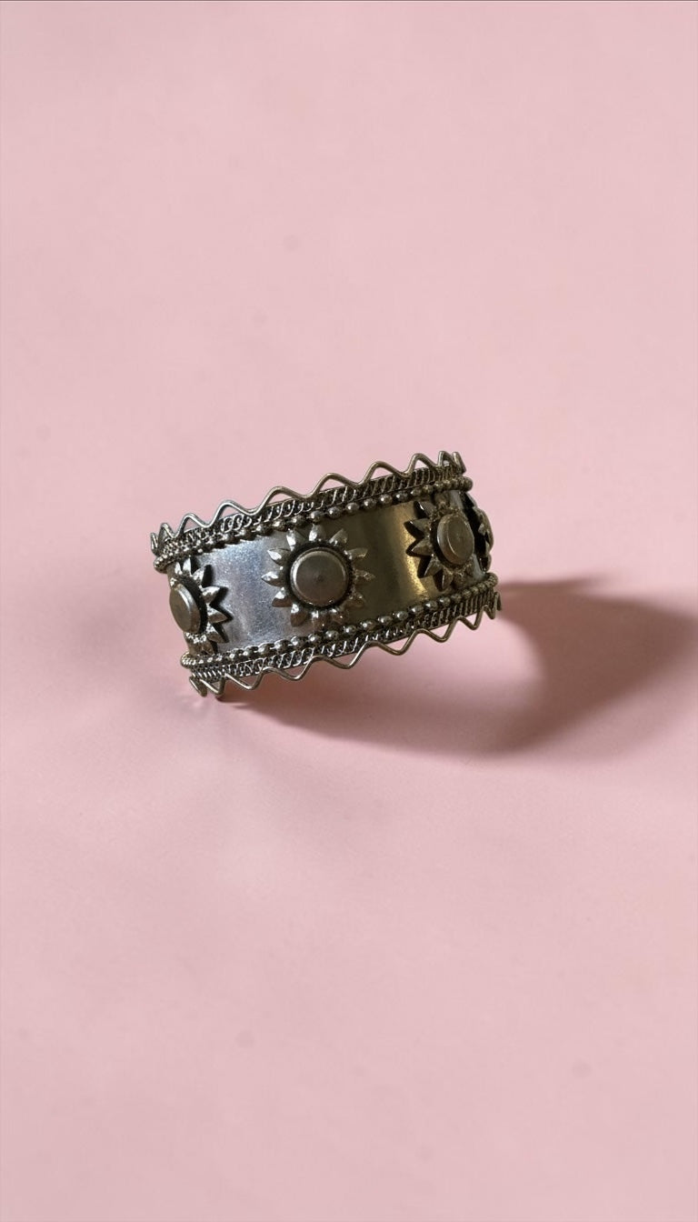 Oxidized Sun Motif Statement Cuff | Tribal Handcrafted Wide Kada Bracelet