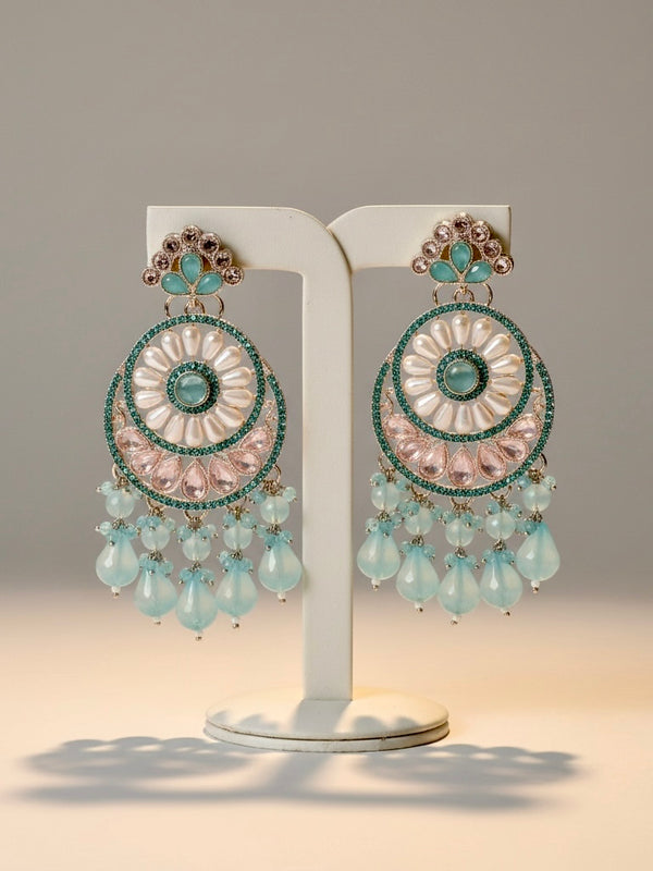Pastel Pearl Chandbali Earrings with Aqua Bead Drops | Elegant Statement Jewelry