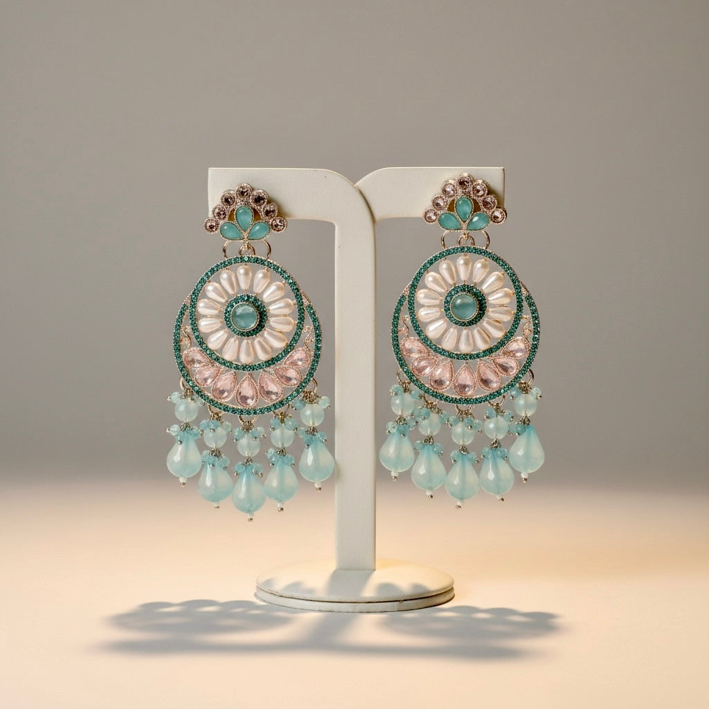 Pastel Pearl Chandbali Earrings with Aqua Bead Drops | Elegant Statement Jewelry