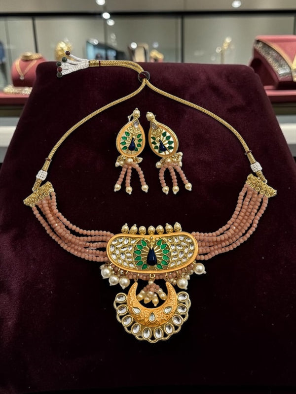 Peacock Meenakari Coral Beaded Necklace Set | Pastel Jaipuri Statement Jewelry with Earrings