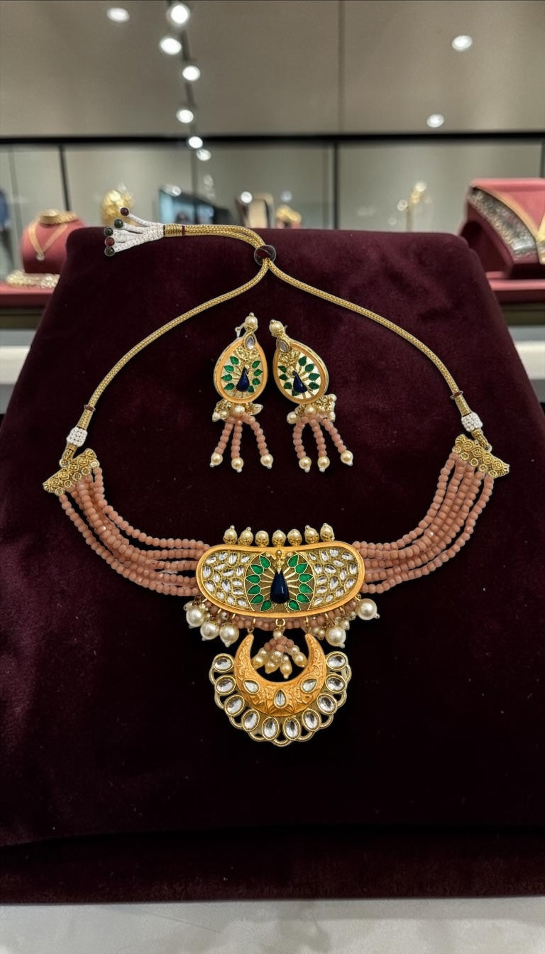 Peacock Meenakari Coral Beaded Necklace Set | Pastel Jaipuri Statement Jewelry with Earrings