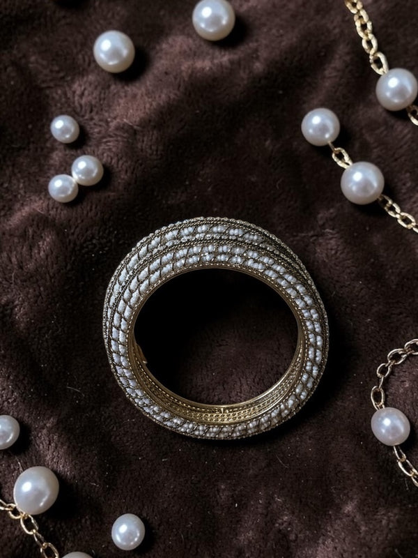 Pearl Embellished Vintage Statement Bangle | Elegant Gold Tone Kada Bracelet