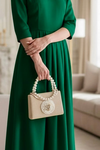 Pearl Handle Embellished Box Clutch in Ivory
