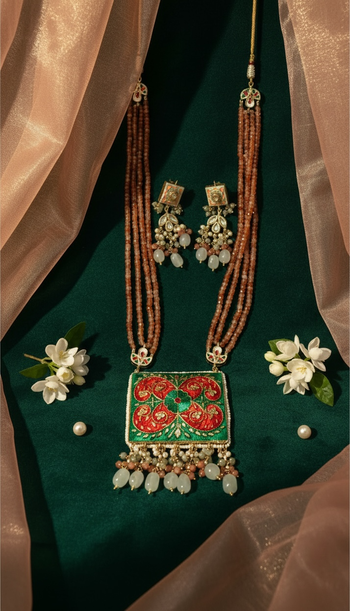 Handcrafted Jaipuri Meenakari Necklace Set with Multi-Strand Beads & Pearl Drops | Heritage Statement Jewelry