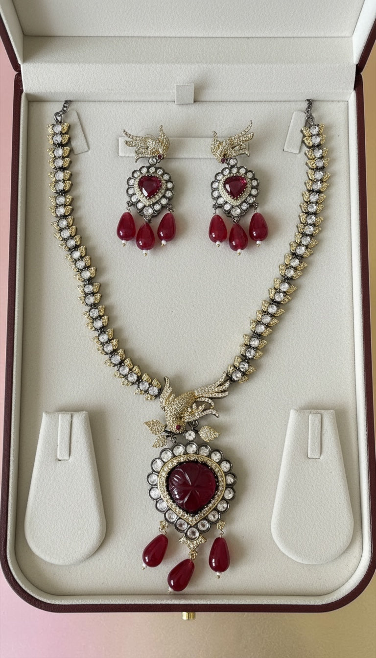 Ruby Red Statement Necklace Set with Crystal Polki & Drop Earrings | Bridal Luxe Jewelry